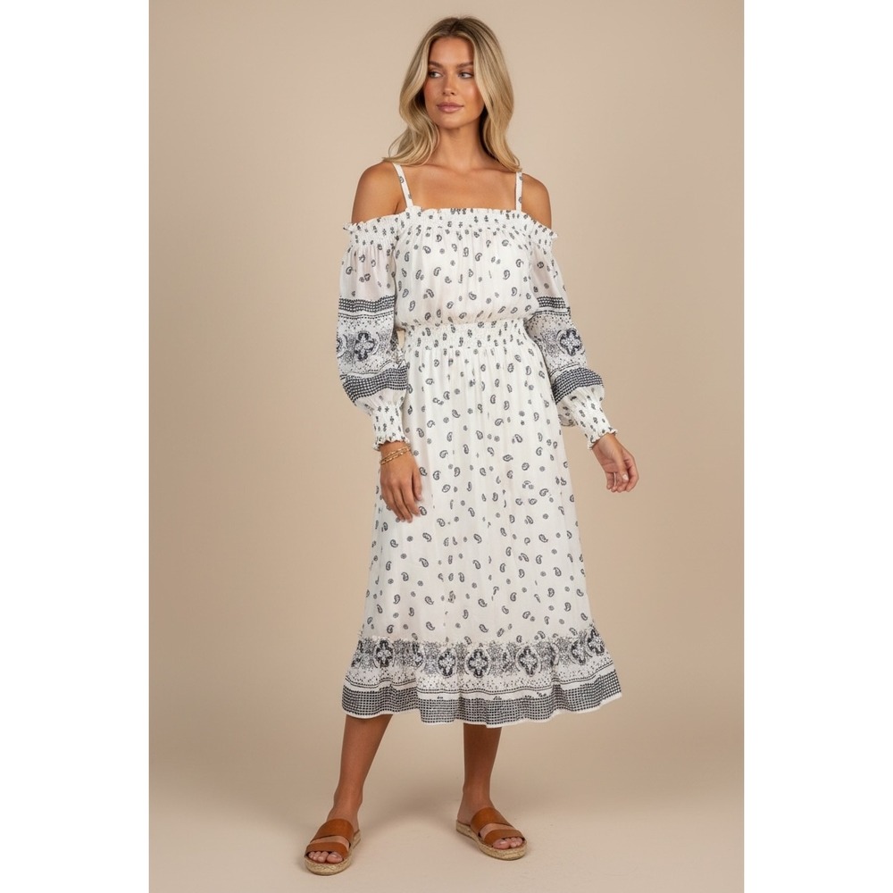 Silver Jeans Co Paisley Size Large Off The Shoulder Midi Dress White Navy Boho
